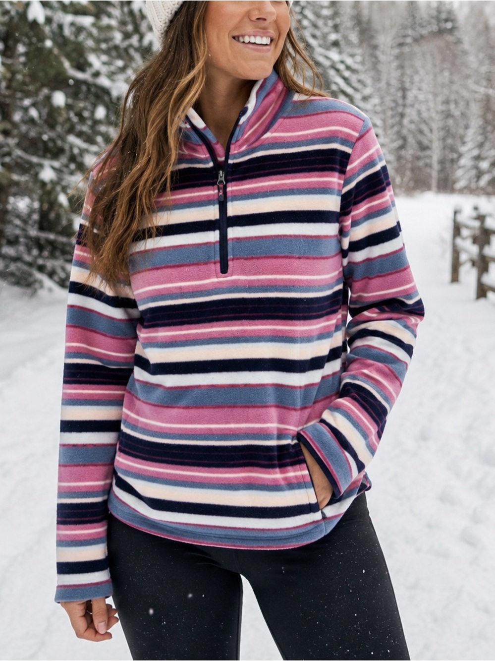 Mountain & Isles Women’s M Striped Quarter Zip Fleece Pullover Pink Navy